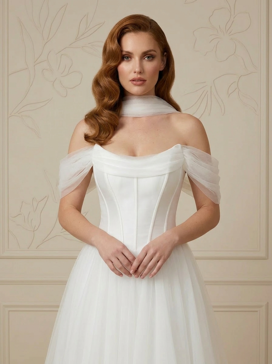 White Ethereal Off-the-Shoulder Tulle Wedding Dress 