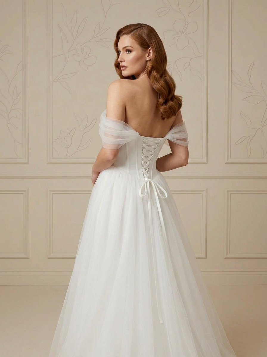 White Ethereal Off-the-Shoulder Tulle Wedding Dress 