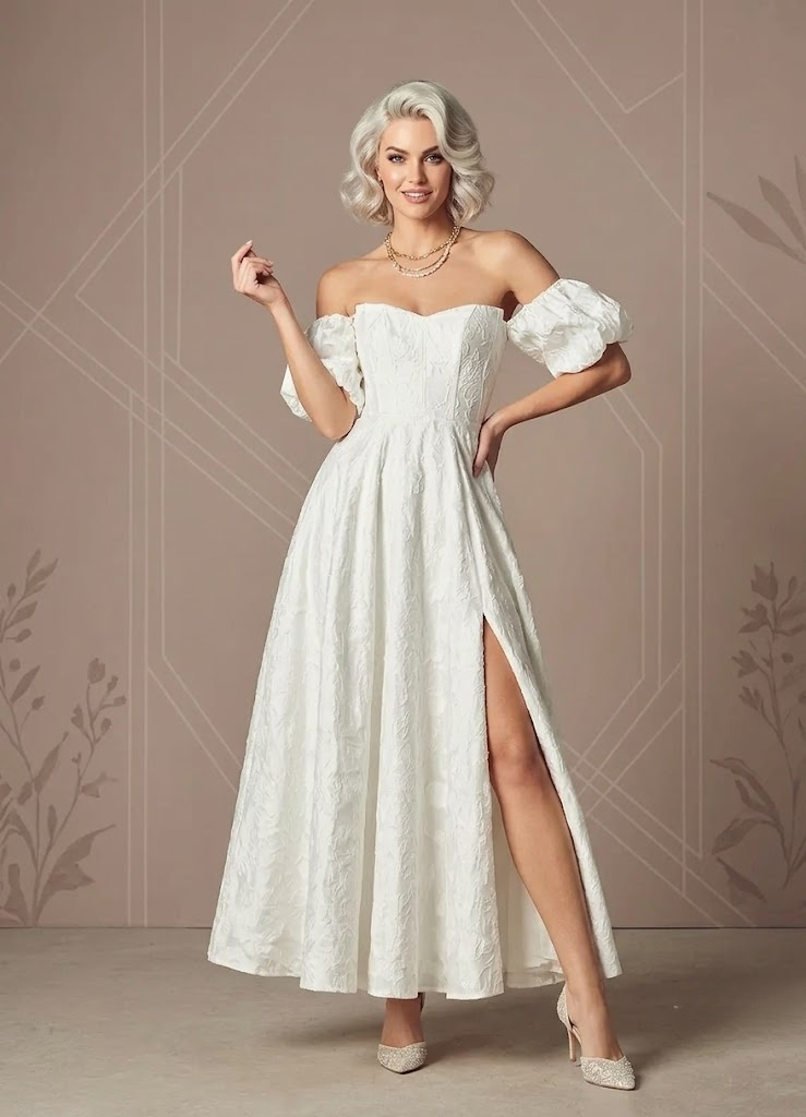 Whimsical White Sweetheart Neckline Jacquard Off-the-Shoulder Slit Wedding Dress