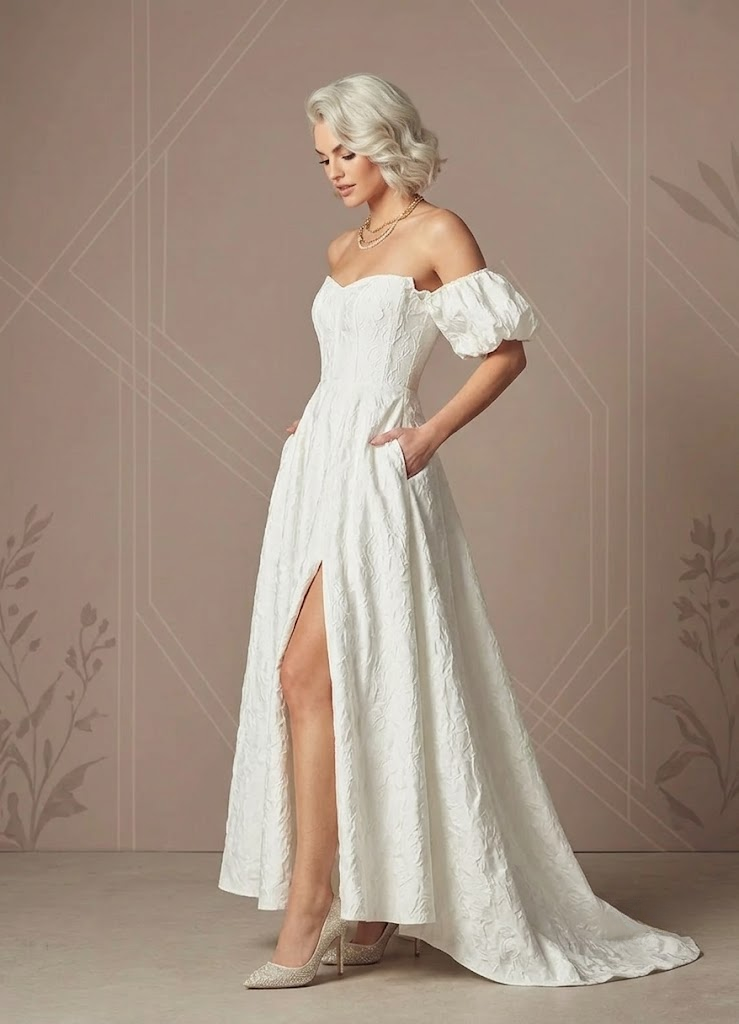 Whimsical White Sweetheart Neckline Jacquard Off-the-Shoulder Slit Wedding Dress