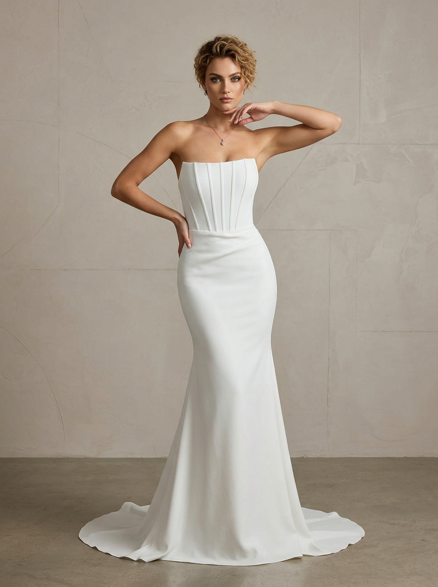 Sculptural Ivory Crepe Mermaid Wedding Dress with Convertible Train