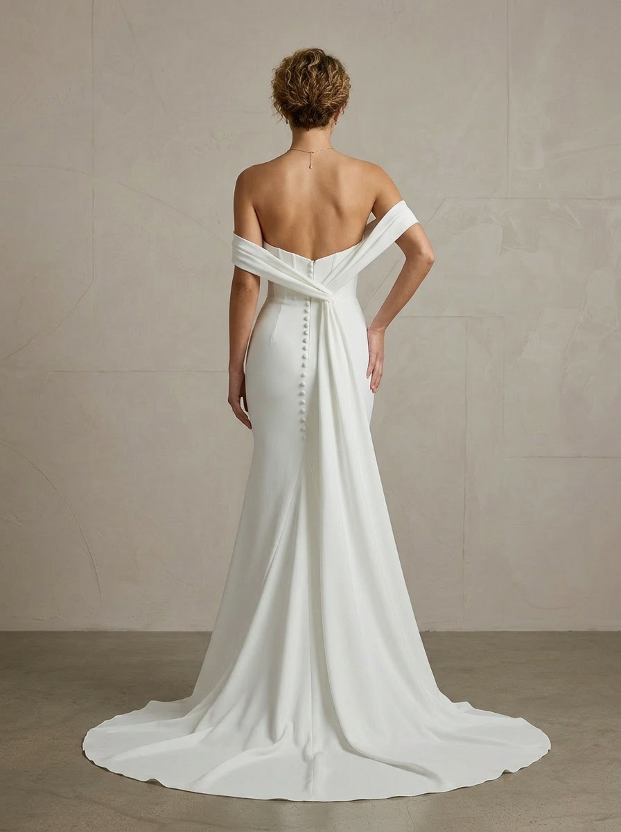 Sculptural Ivory Crepe Mermaid Wedding Dress with Convertible Train