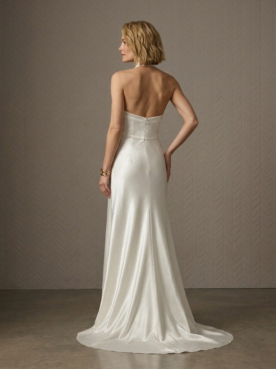 Sleek Ivory Liquid Satin Halter A-Line Wedding Dress