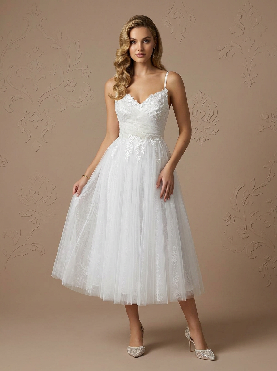 Romantic White Tulle Tea Length Wedding Dress with Floral Applique and Back Bow
