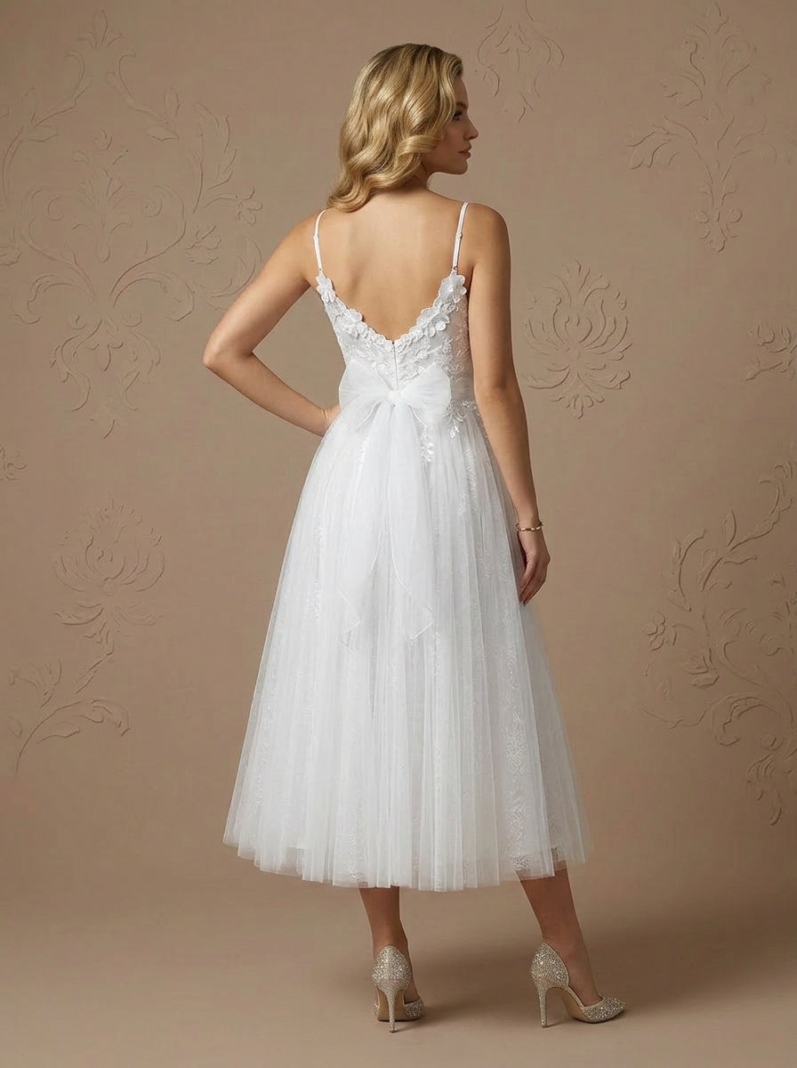 Romantic White Tulle Tea Length Wedding Dress with Floral Applique and Back Bow