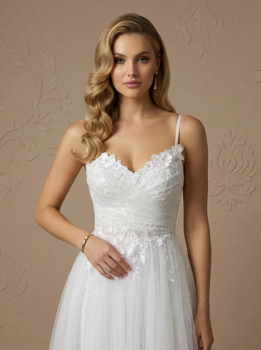 Romantic White Tulle Tea Length Wedding Dress with Floral Applique and Back Bow