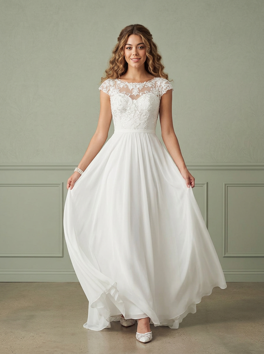 White Cap Sleeve Chiffon A Line Wedding Dress with Illusion Floral Lace Bodice and Court Train