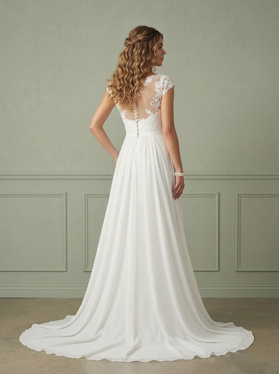 White Cap Sleeve Chiffon A Line Wedding Dress with Illusion Floral Lace Bodice and Court Train