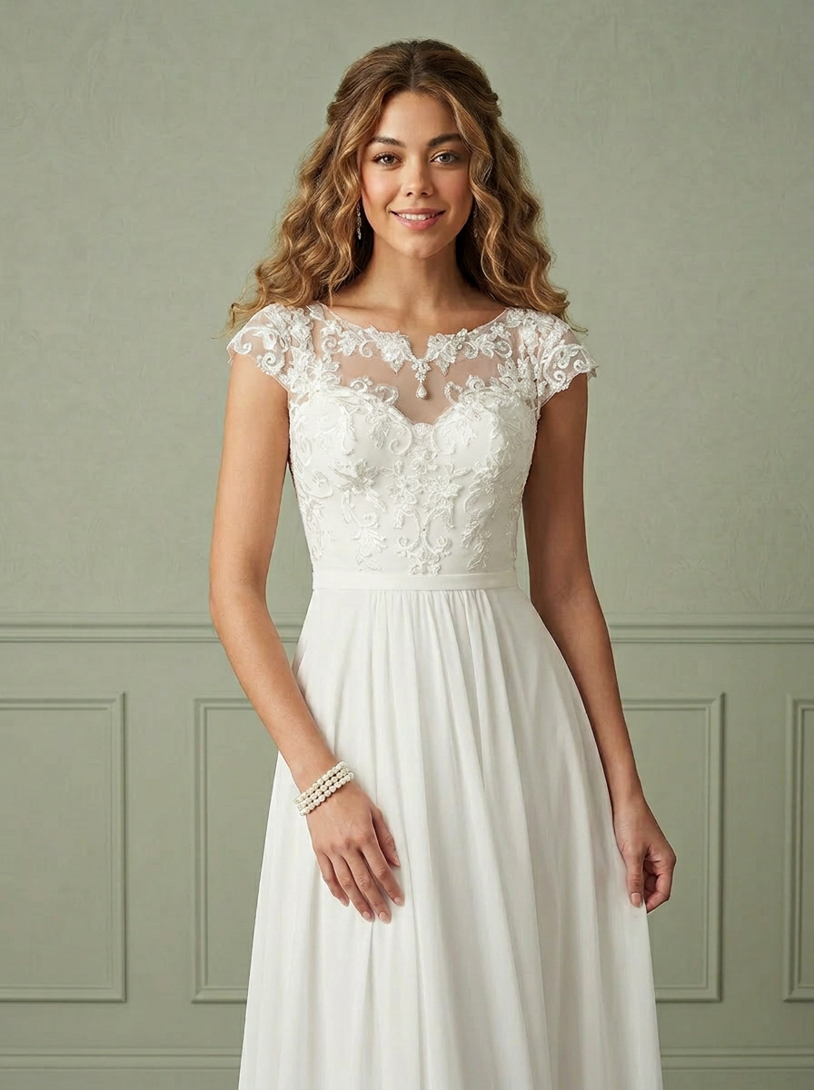 White Cap Sleeve Chiffon A Line Wedding Dress with Illusion Floral Lace Bodice and Court Train