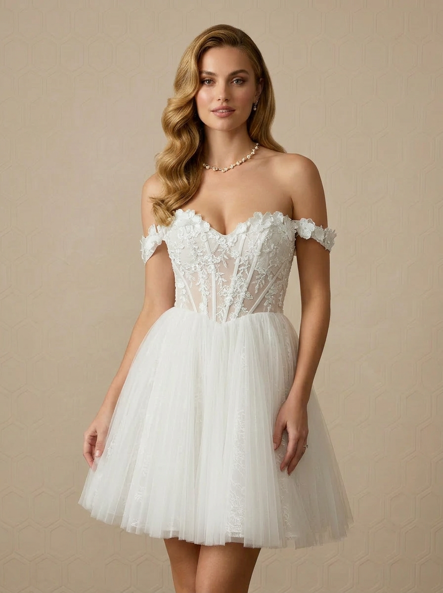 Whimsical Off the Shoulder Tulle Mini Wedding Dress with 3D Floral Applique