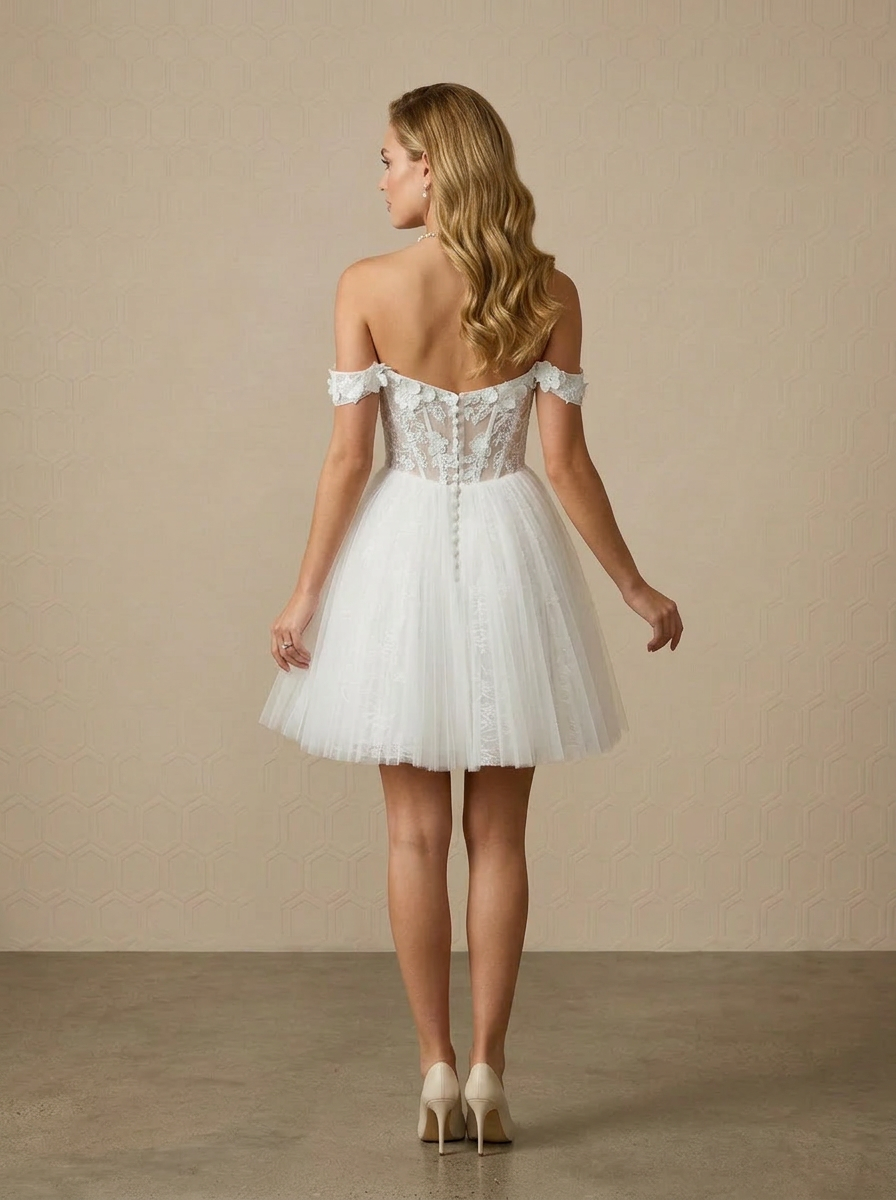 Whimsical Off the Shoulder Tulle Mini Wedding Dress with 3D Floral Applique