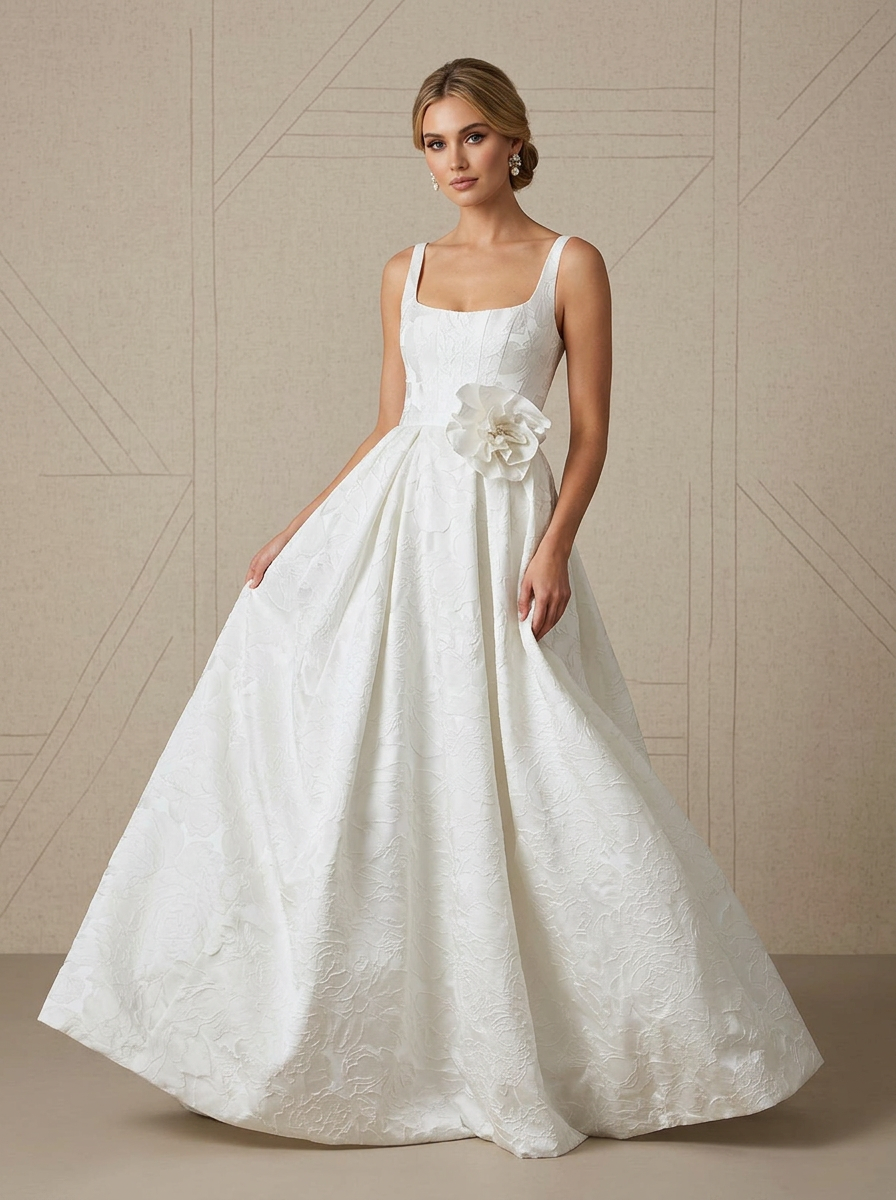White Timeless Square Neck Jacquard A Line Wedding Dress with 3D Floral Accent 