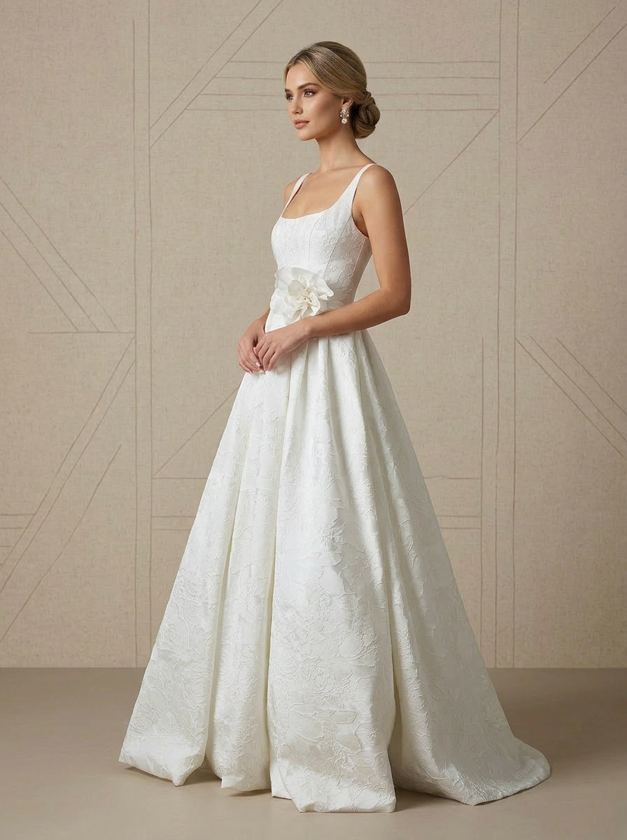 White Timeless Square Neck Jacquard A Line Wedding Dress with 3D Floral Accent 