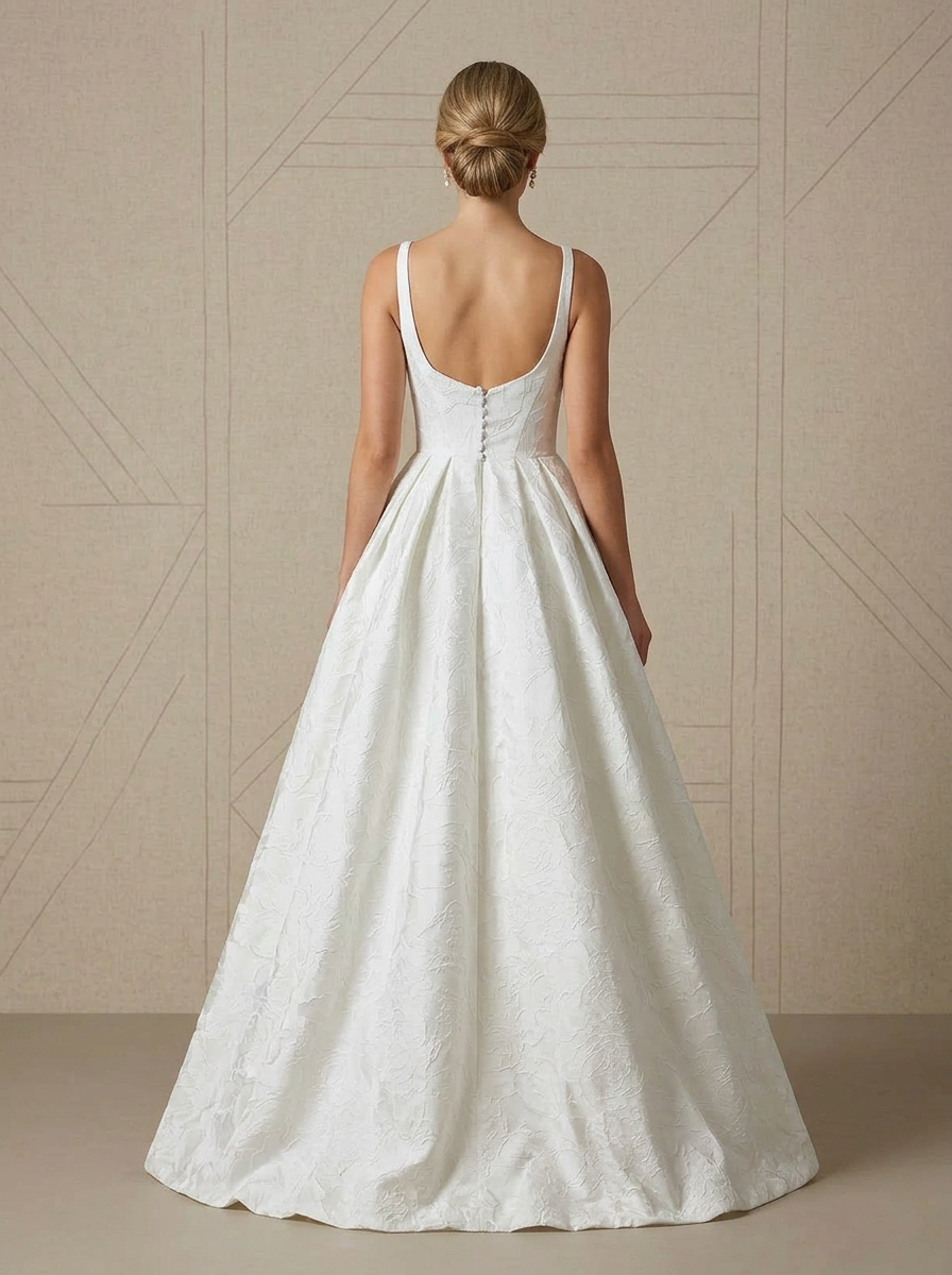 White Timeless Square Neck Jacquard A Line Wedding Dress with 3D Floral Accent 