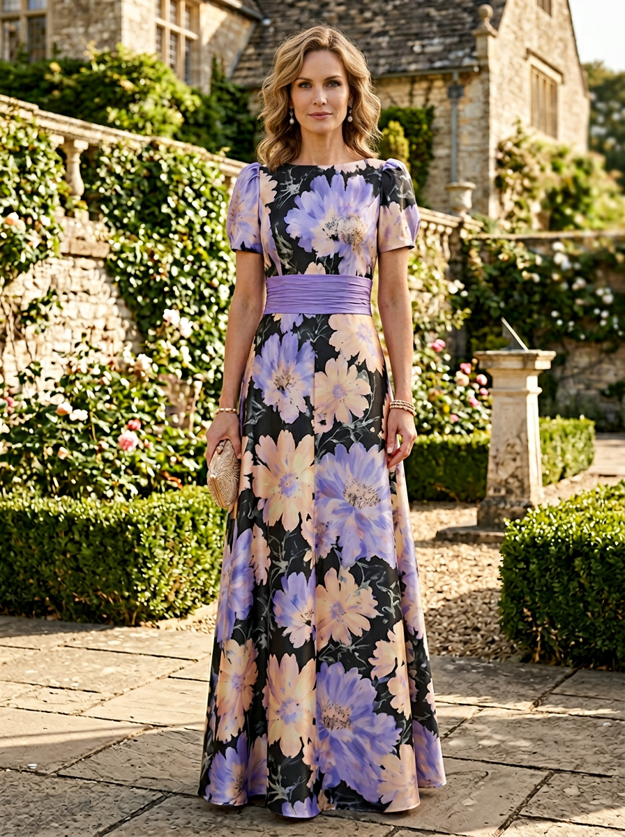 Lilac Floral Print A-Line Scoop Neck Mother of the Bride & Groom Dresses with Ruched Waist