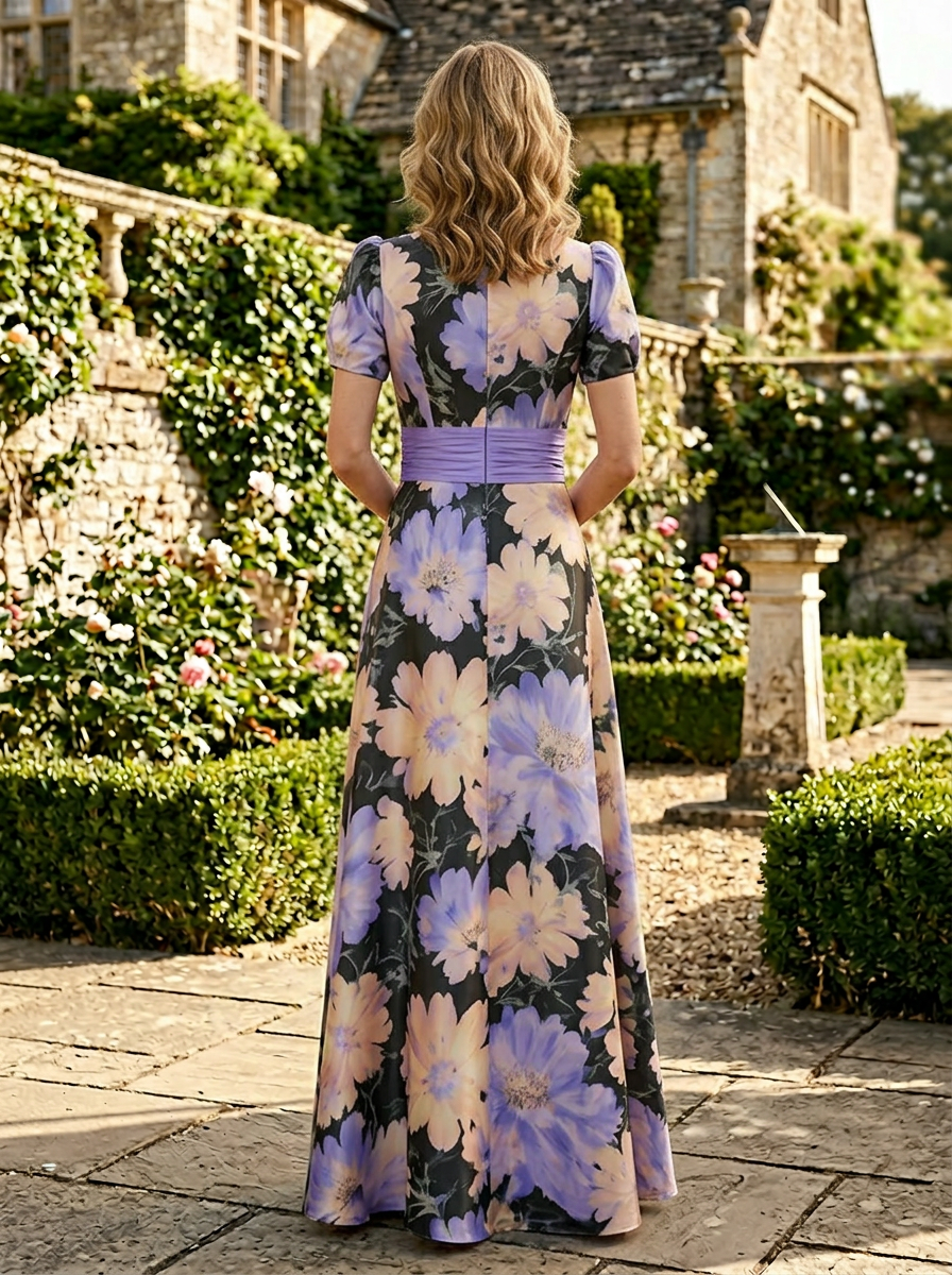 Lilac Floral Print A-Line Scoop Neck Mother of the Bride & Groom Dresses with Ruched Waist