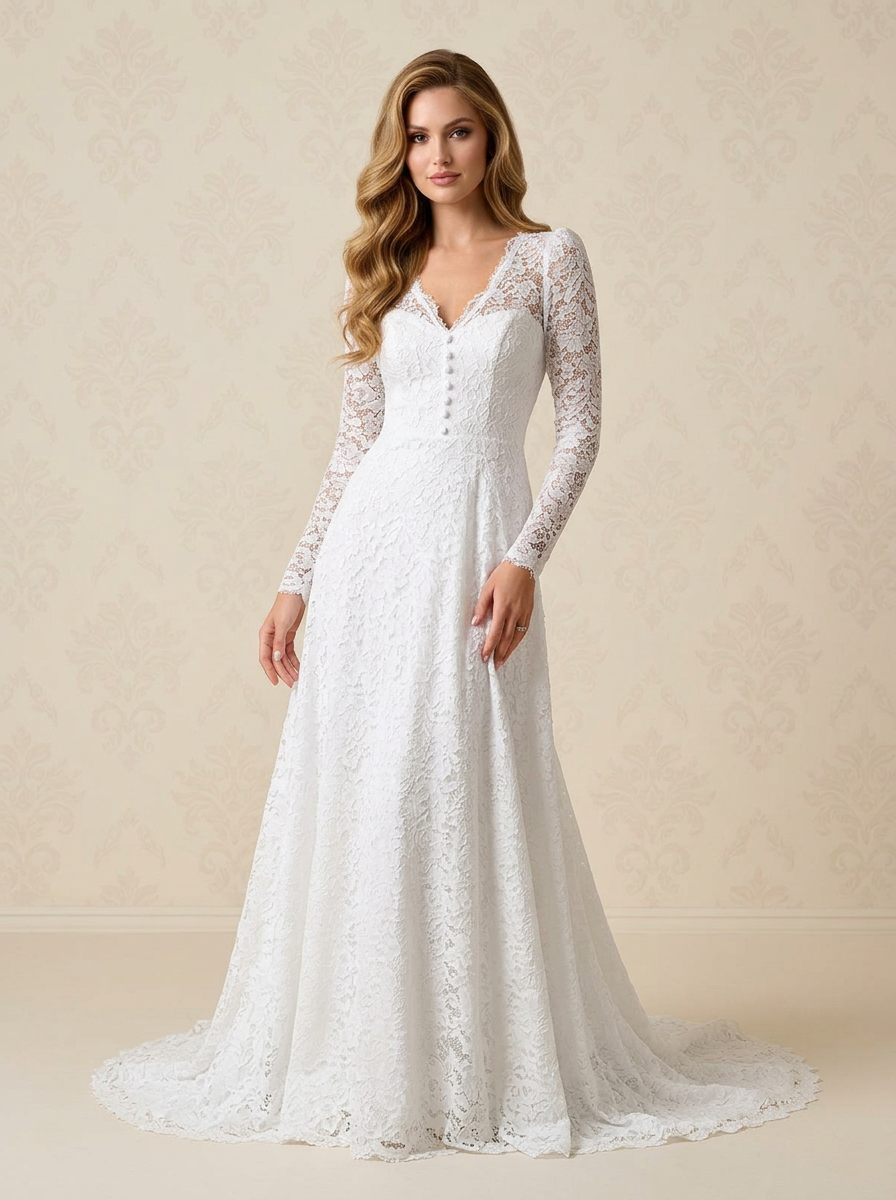 White Timeless Long Sleeve All Over Lace A Line Wedding Dress with V Neckline