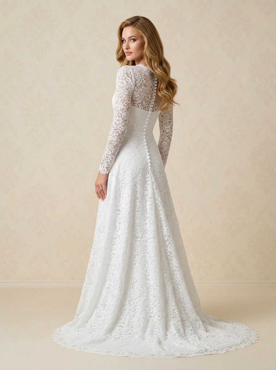 White Timeless Long Sleeve All Over Lace A Line Wedding Dress with V Neckline