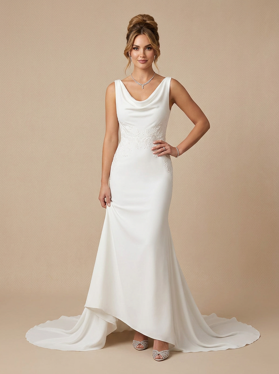 White Timeless Cowl Neck Lace Applique Crepe Wedding Dress with Draped Back