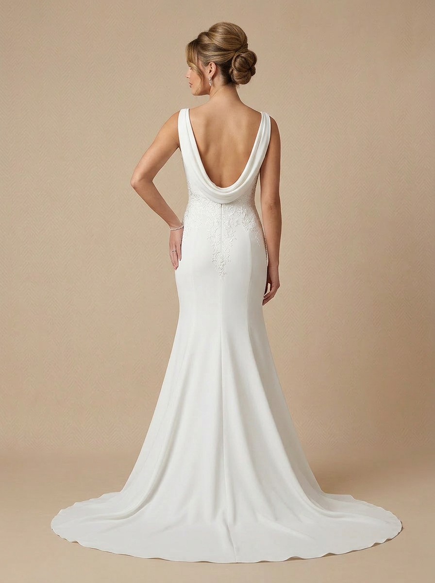 White Timeless Cowl Neck Lace Applique Crepe Wedding Dress with Draped Back