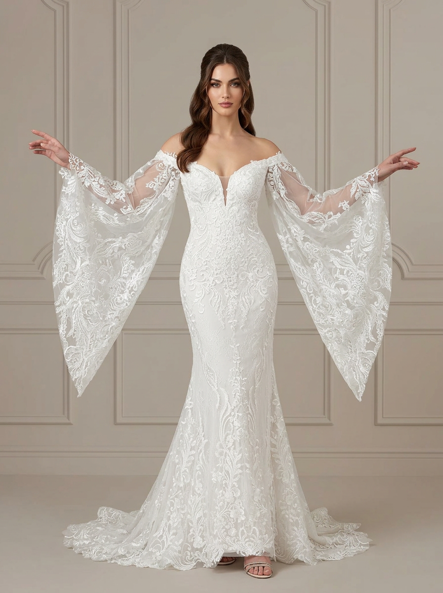 White Ethereal Off-The-Shoulder Bell Sleeve Lace Wedding Dress with Keyhole Back