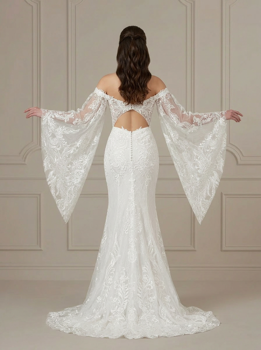 White Ethereal Off-The-Shoulder Bell Sleeve Lace Wedding Dress with Keyhole Back