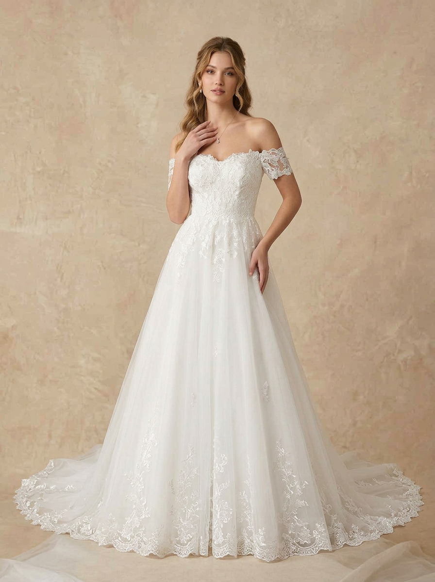 White Romantic Off-the-Shoulder Lace A-Line Wedding Dress with Tulle Train