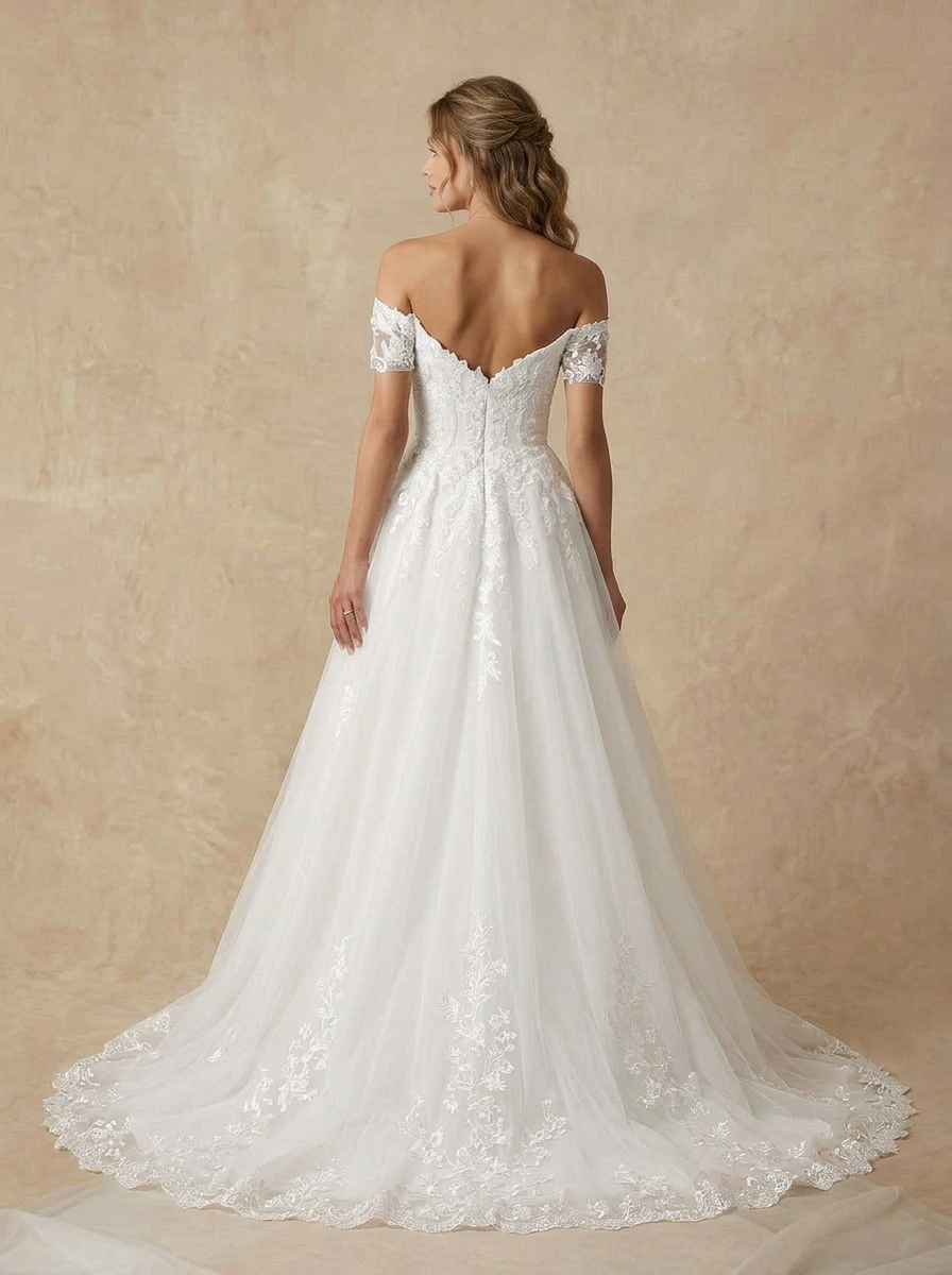 White Romantic Off-the-Shoulder Lace A-Line Wedding Dress with Tulle Train