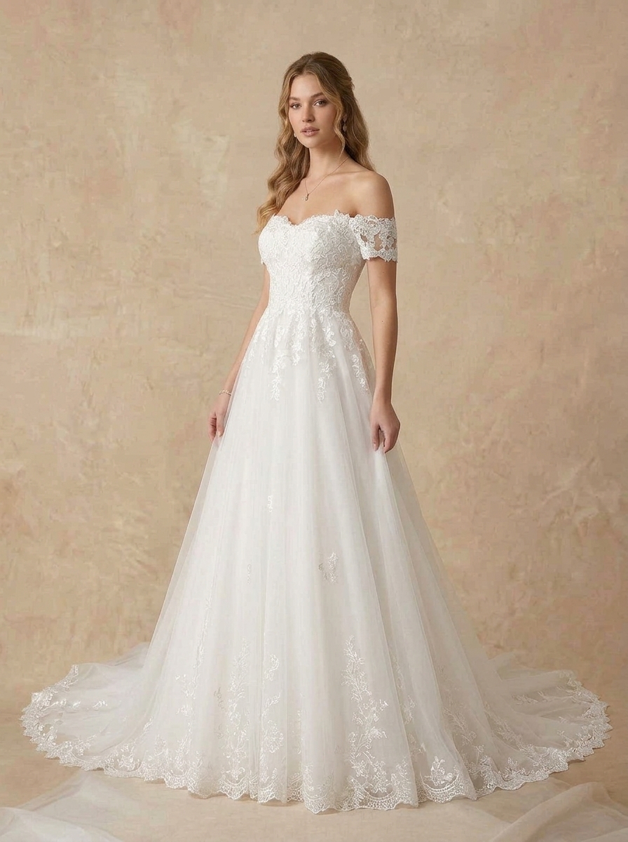 White Romantic Off-the-Shoulder Lace A-Line Wedding Dress with Tulle Train