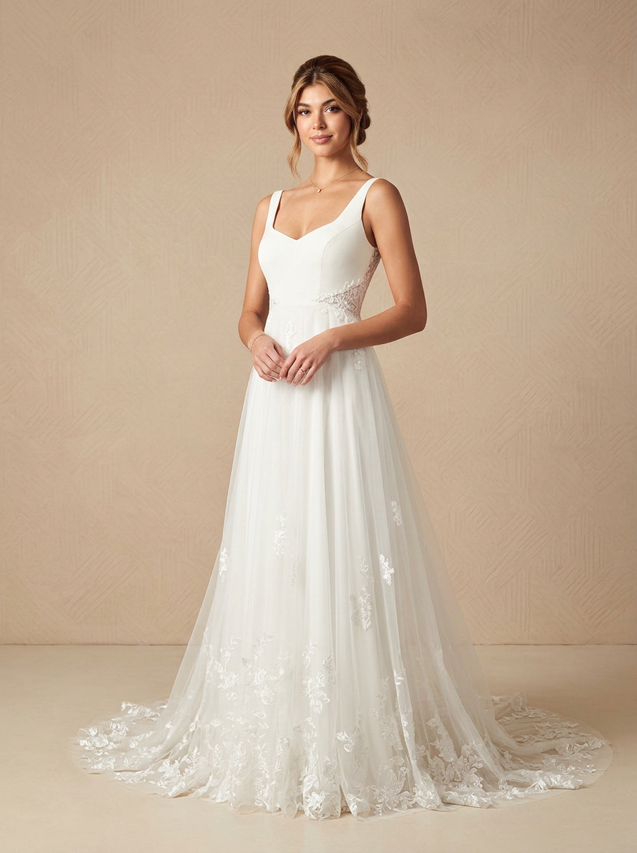 White Romantic Scoop Neck Crepe Wedding Dress with Soft Tulle Overlay and Illusion Lace Deta