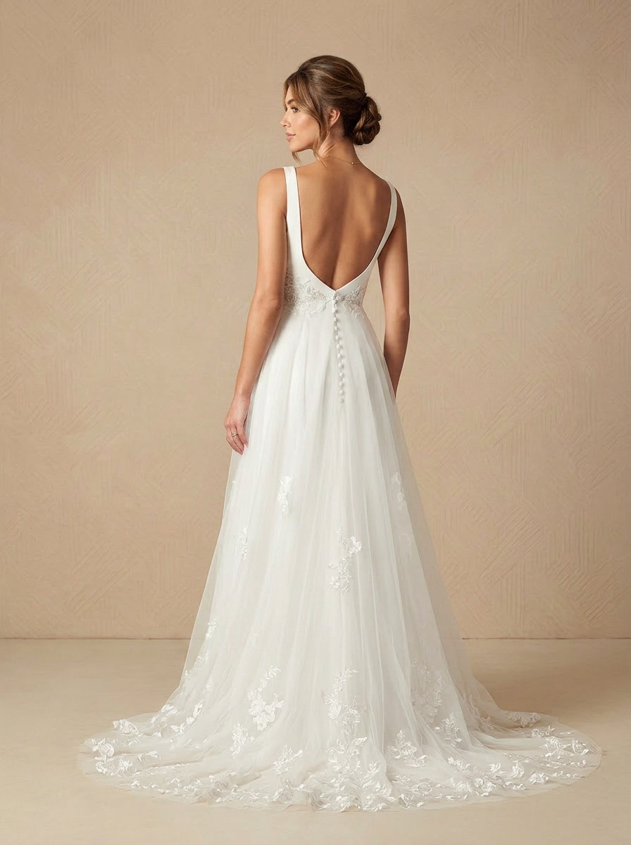 White Romantic Scoop Neck Crepe Wedding Dress with Soft Tulle Overlay and Illusion Lace Deta
