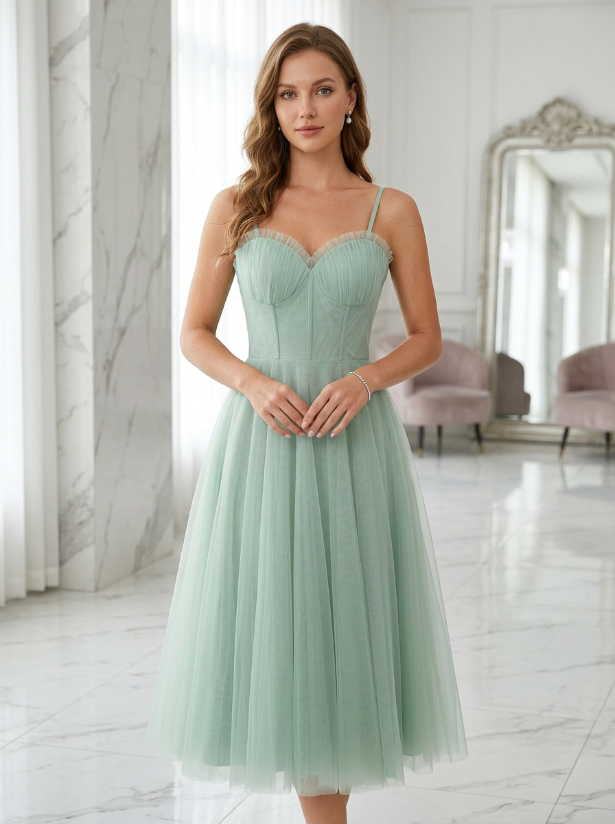 Romantic Sage Green Tulle A-Line Homecoming Dress with Ruched Corset Bodice