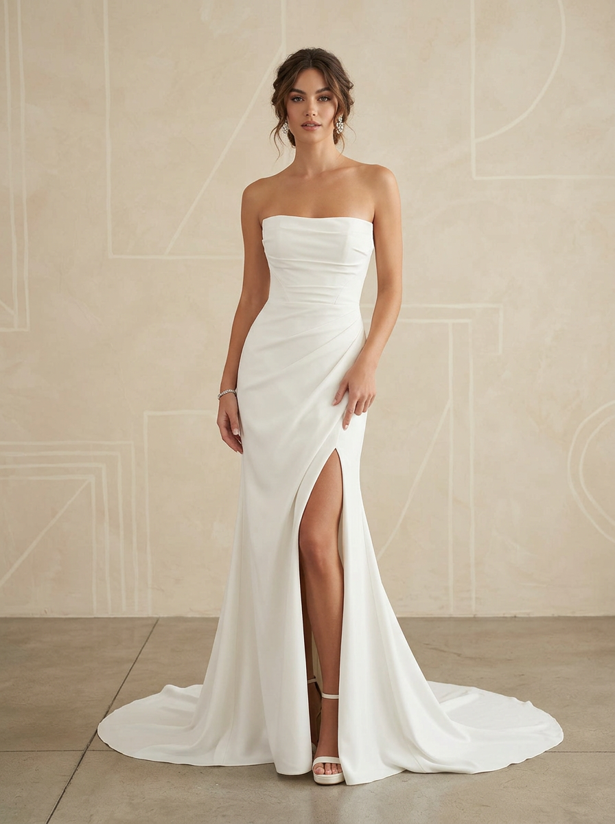 Ivory Minimalist Strapless Drape Crepe Wedding Dress with High Slit and Sweep Train