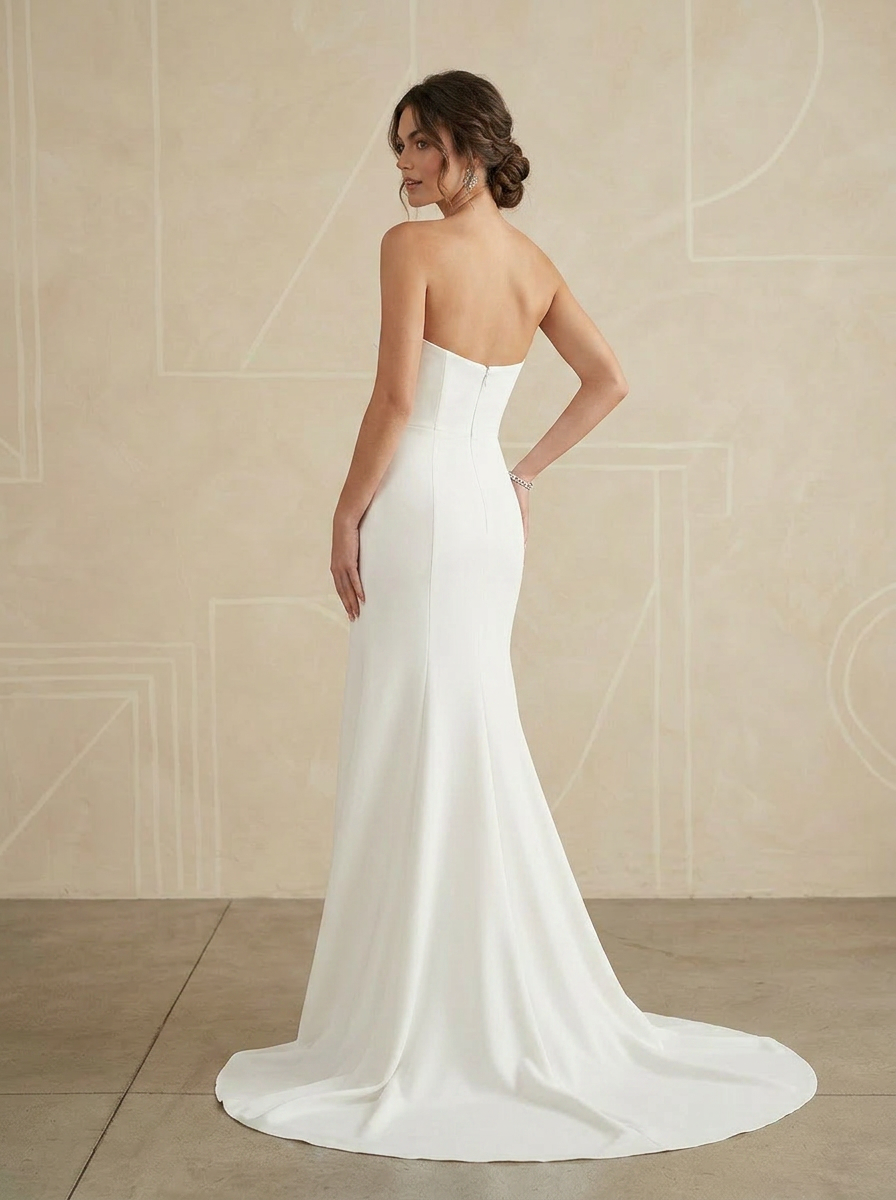 Ivory Minimalist Strapless Drape Crepe Wedding Dress with High Slit and Sweep Train