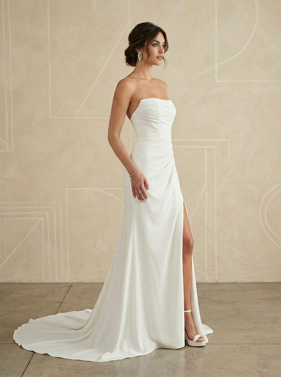 Ivory Minimalist Strapless Drape Crepe Wedding Dress with High Slit and Sweep Train