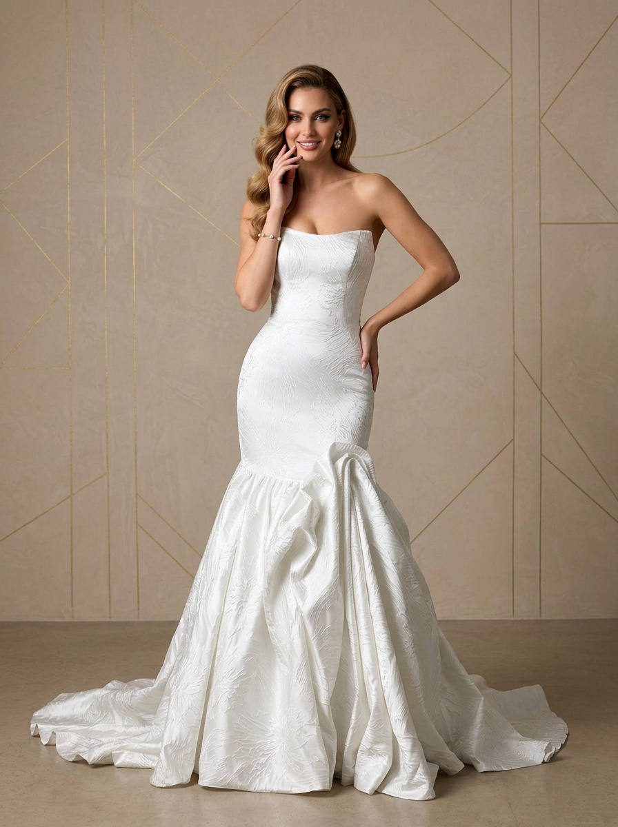 White Strapless Jacquard Mermaid Wedding Dress with Asymmetrical Rosette Flare and Covered Buttons