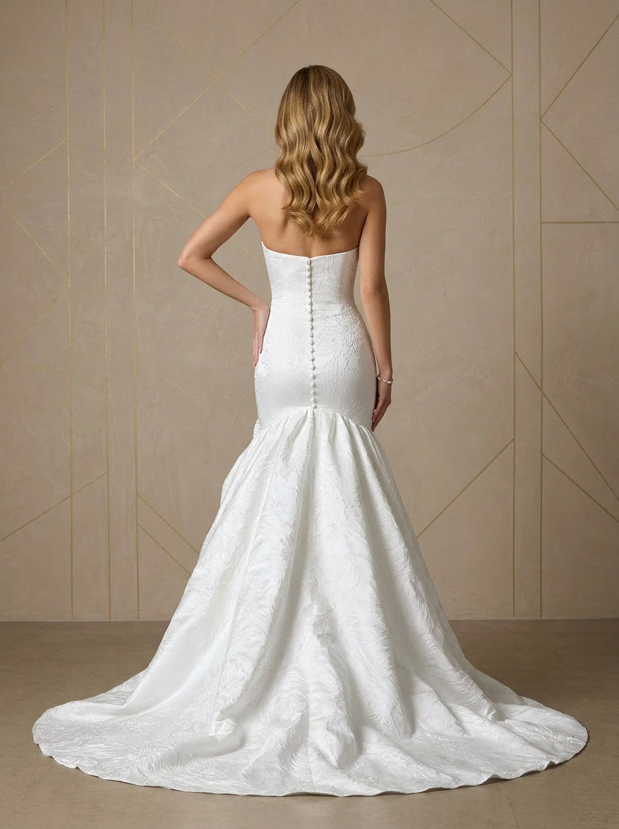 White Strapless Jacquard Mermaid Wedding Dress with Asymmetrical Rosette Flare and Covered Buttons
