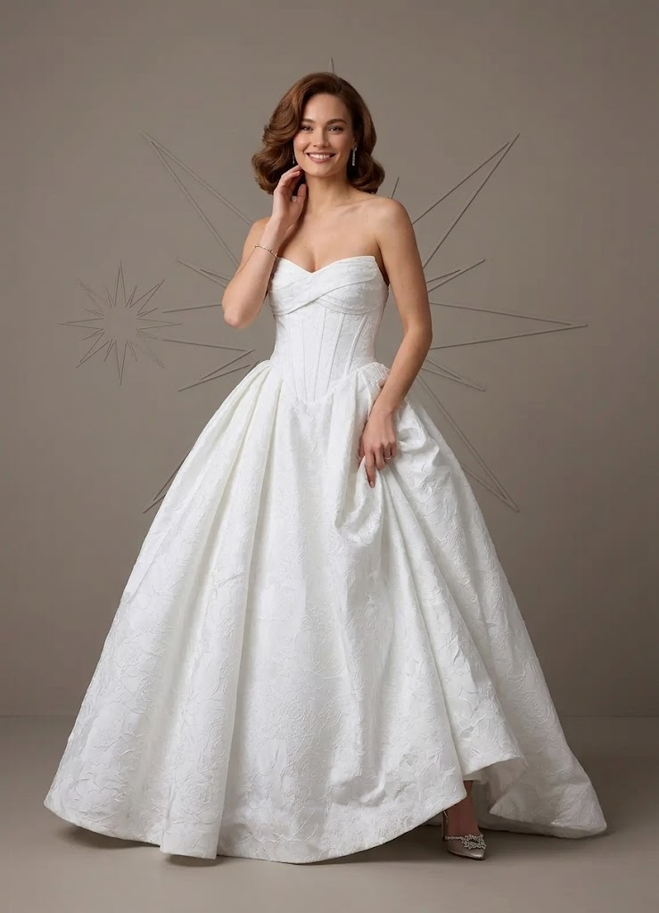 White Strapless Sweetheart Jacquard Wedding dress with Illusion Lace Back 