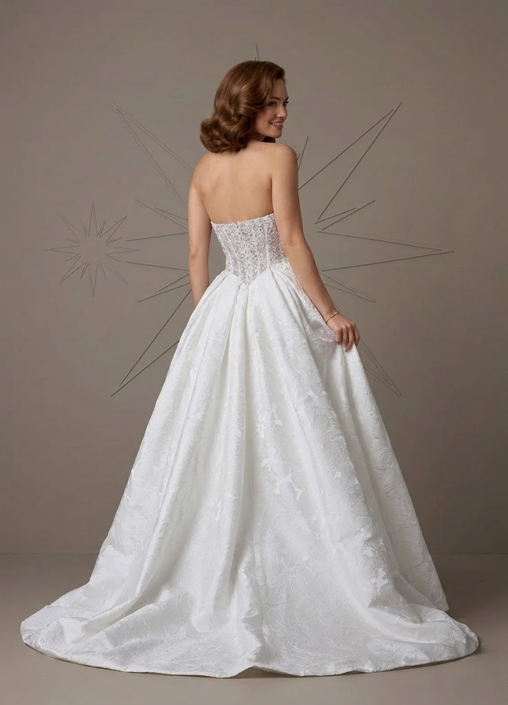 White Strapless Sweetheart Jacquard Wedding dress with Illusion Lace Back 