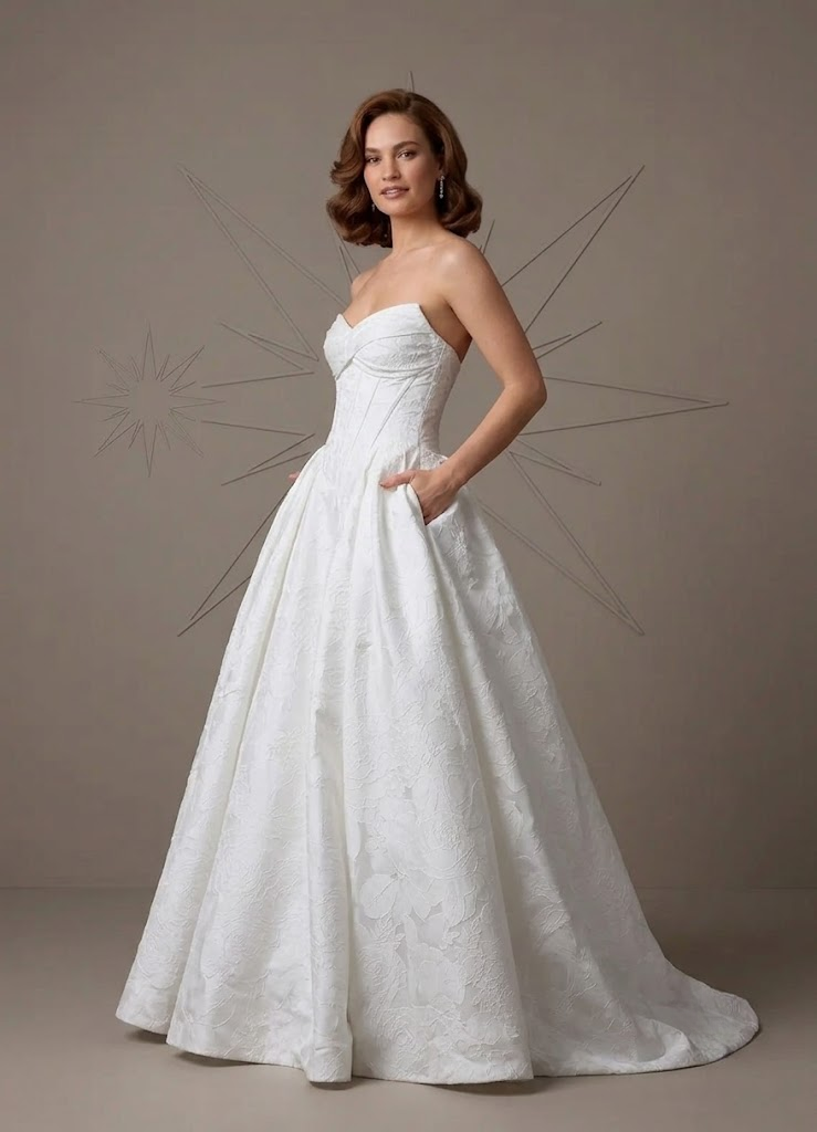 White Strapless Sweetheart Jacquard Wedding dress with Illusion Lace Back 