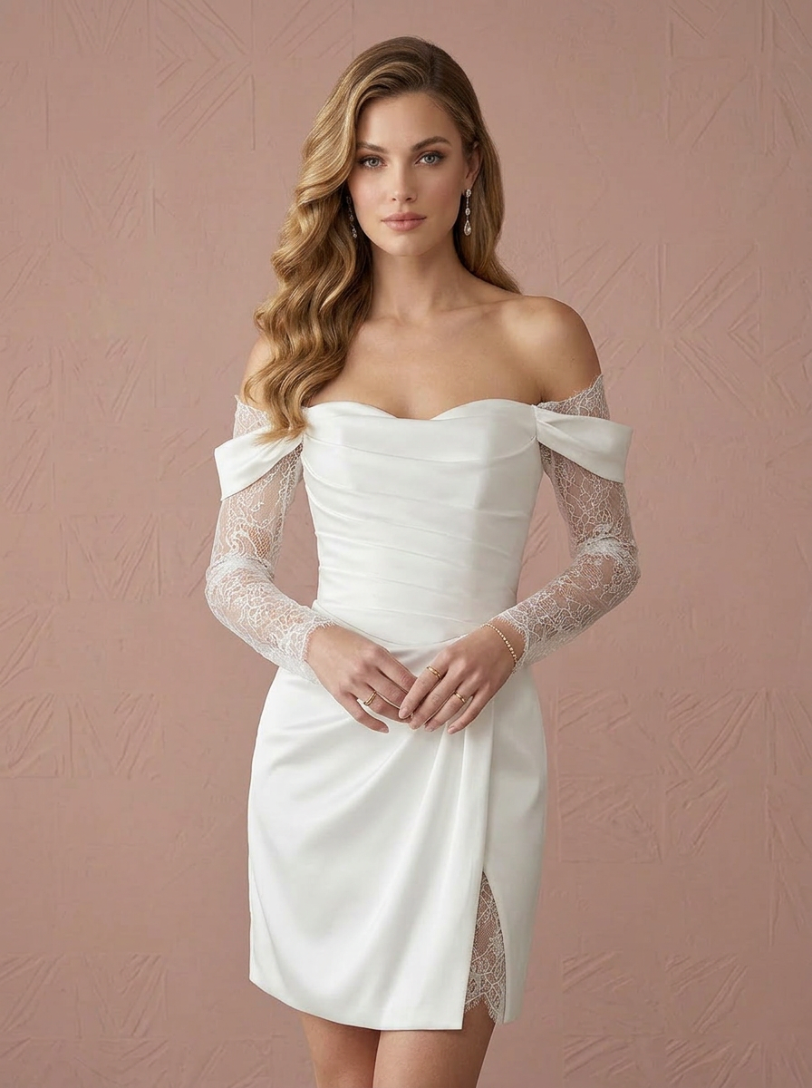 Ivory Off the Shoulder Satin Mini Wedding Dress with Chantilly Lace Sleeves 