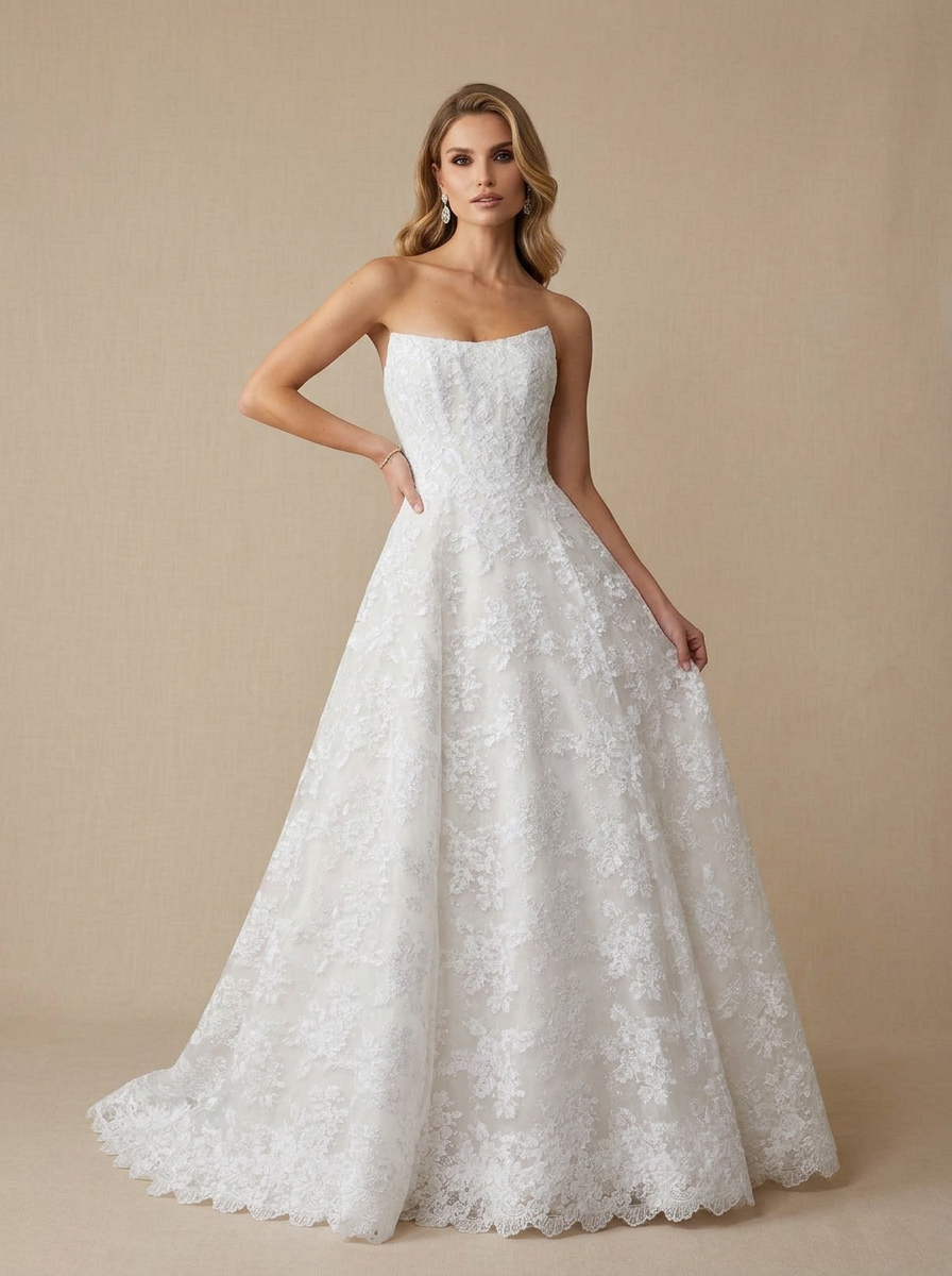 White Strapless Lace A-Line Wedding Dress with Scalloped Hem and Chapel Train