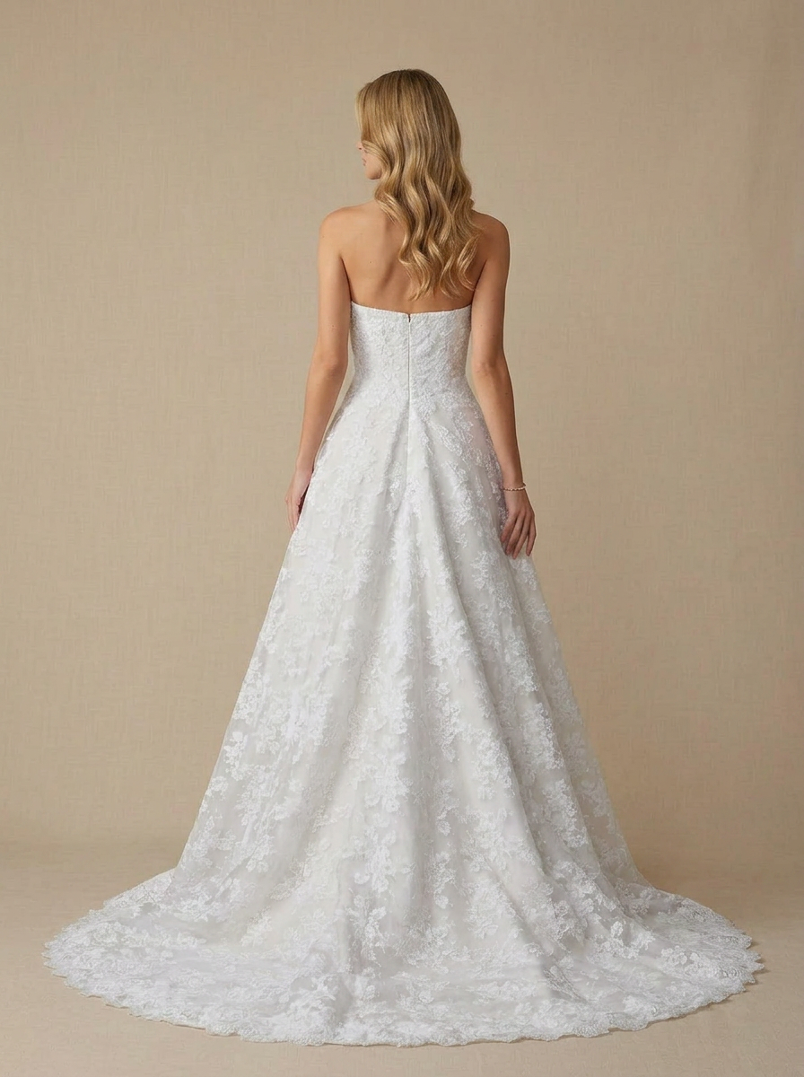 White Strapless Lace A-Line Wedding Dress with Scalloped Hem and Chapel Train