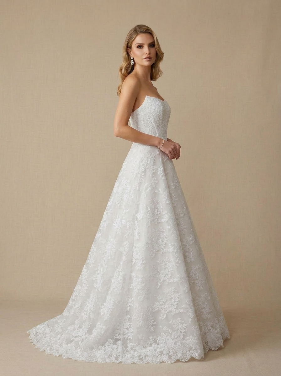 White Strapless Lace A-Line Wedding Dress with Scalloped Hem and Chapel Train