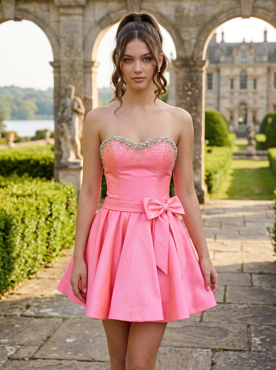 Sweetheart Bubblegum Pink Satin A Line Homecoming Dress with Crystal Bodice and Double Bow Accent