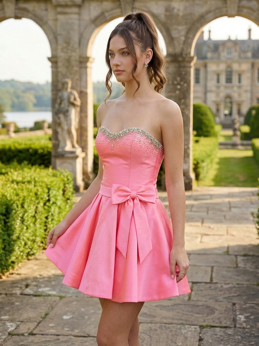 Sweetheart Bubblegum Pink Satin A Line Homecoming Dress with Crystal Bodice and Double Bow Accent