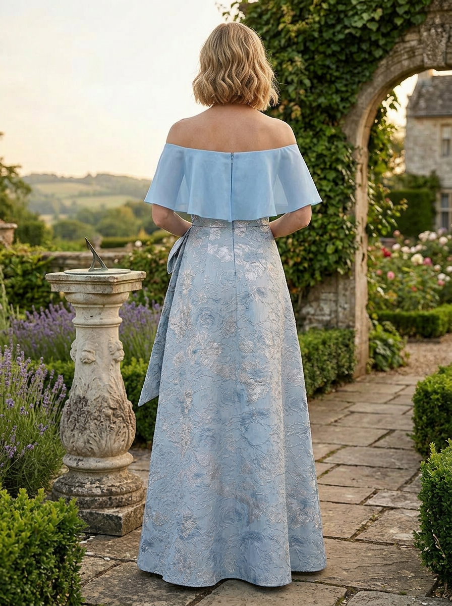 Regal Powder Blue Jacquard Off-The-Shoulder Mother of the Bride & Groom Dresses 