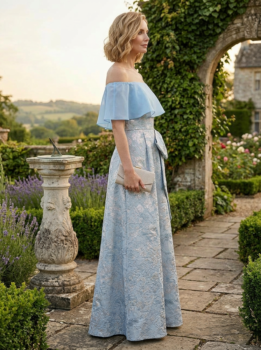 Regal Powder Blue Jacquard Off-The-Shoulder Mother of the Bride & Groom Dresses 