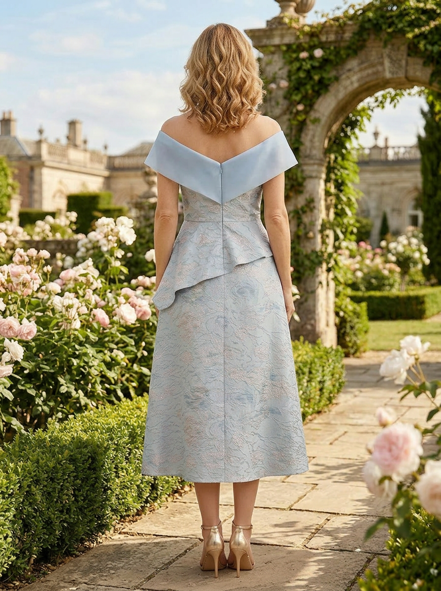 Serene Powder Blue Floral Jacquard Off the Shoulder Midi Mother of the Bride & Groom Dresses