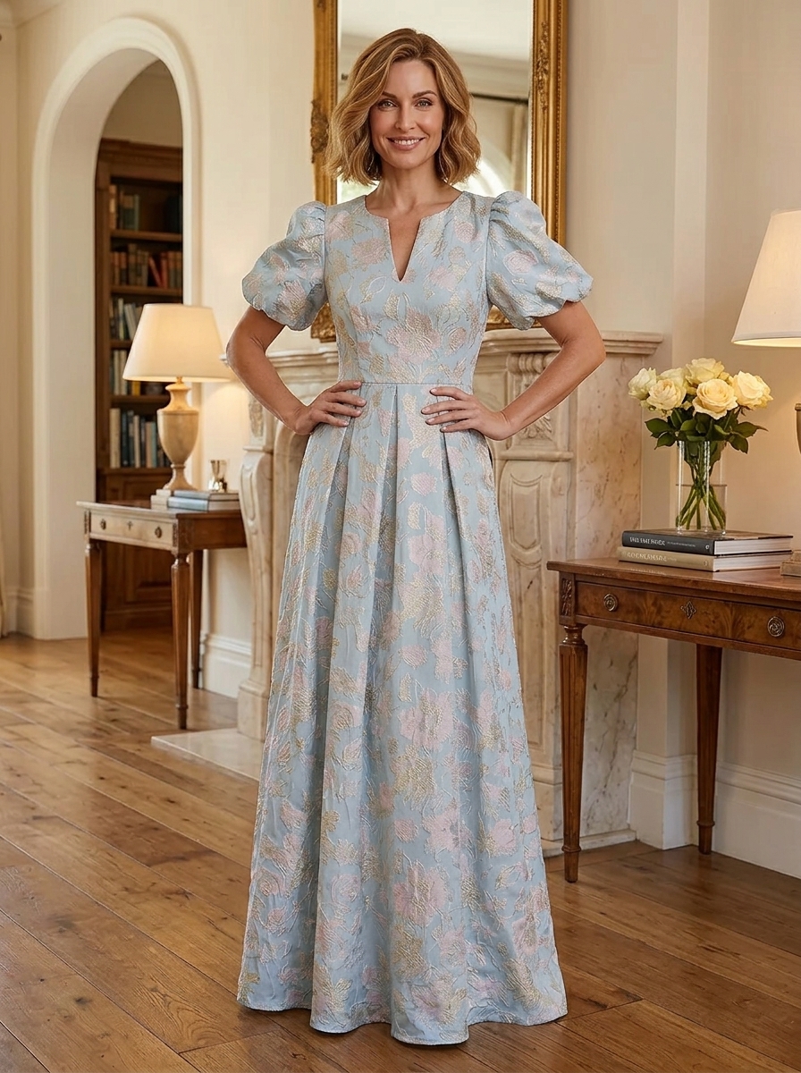 Powder Blue Pastel Floral Jacquard Puff Sleeve Maxi Mother of the Bride & Groom Dresses 